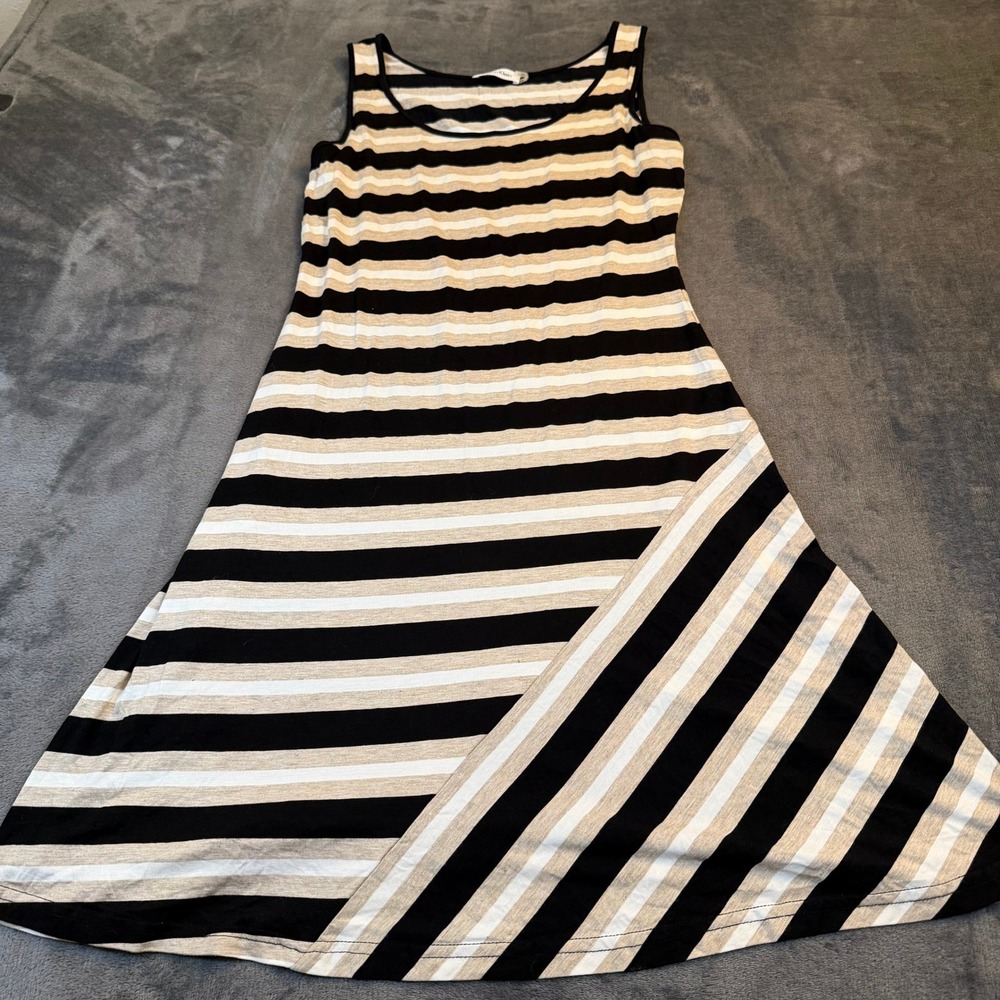 Calvin‎ Klein Striped Sleeveless Dress Womens Size 4 Black Beige Stretch